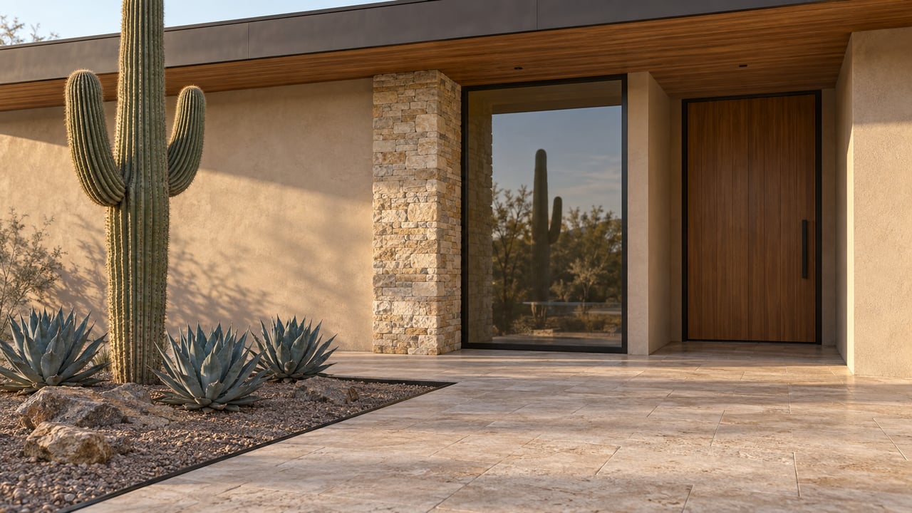 Desert estate entry with a wood soffit, limestone pier, glazed window, and saguaro among agaves.
