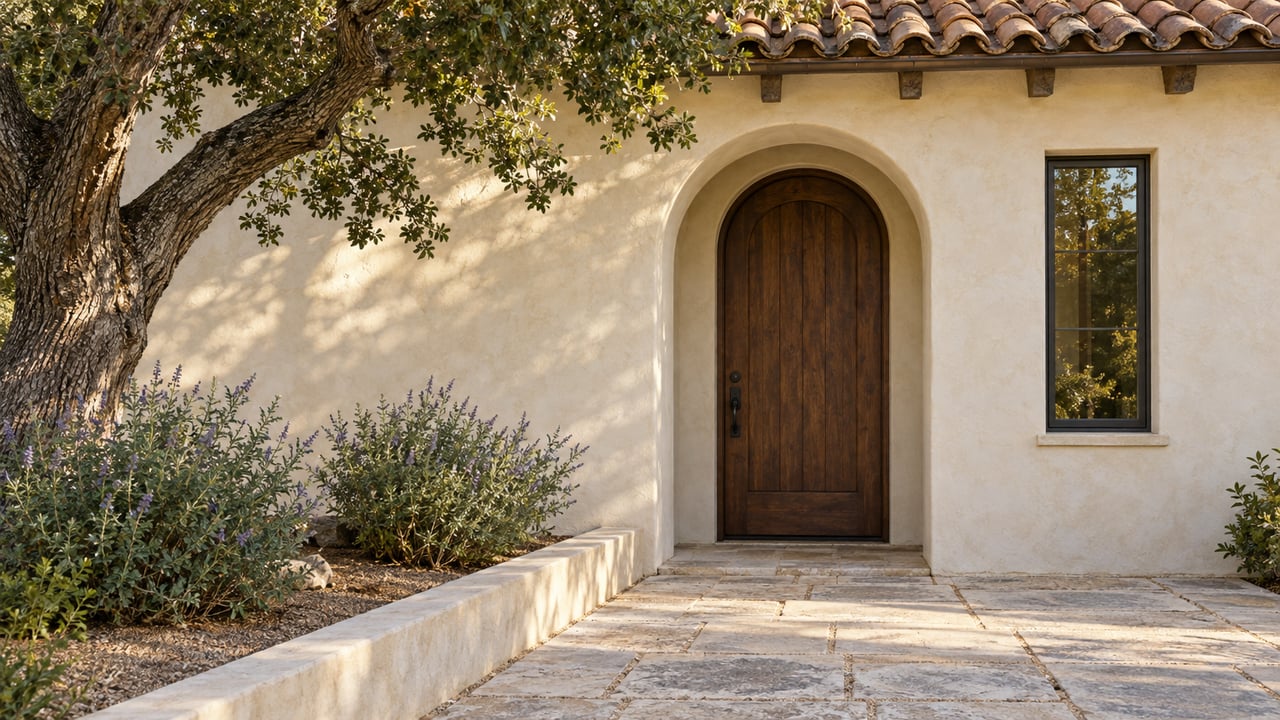 Arched walnut entry in a cream stucco wall, beside a narrow window and oak-shaded planting bed.
