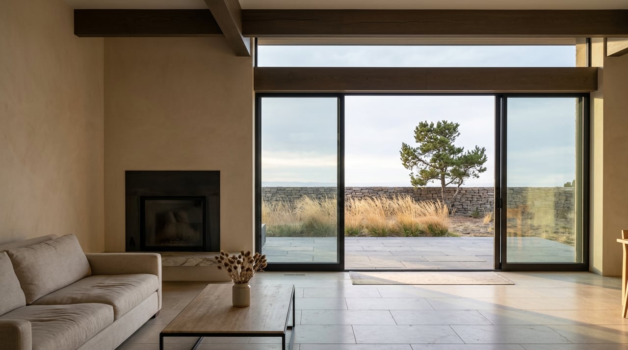 Great room with a linen sofa, steel fireplace, and glass doors opening onto a stone patio and pine.