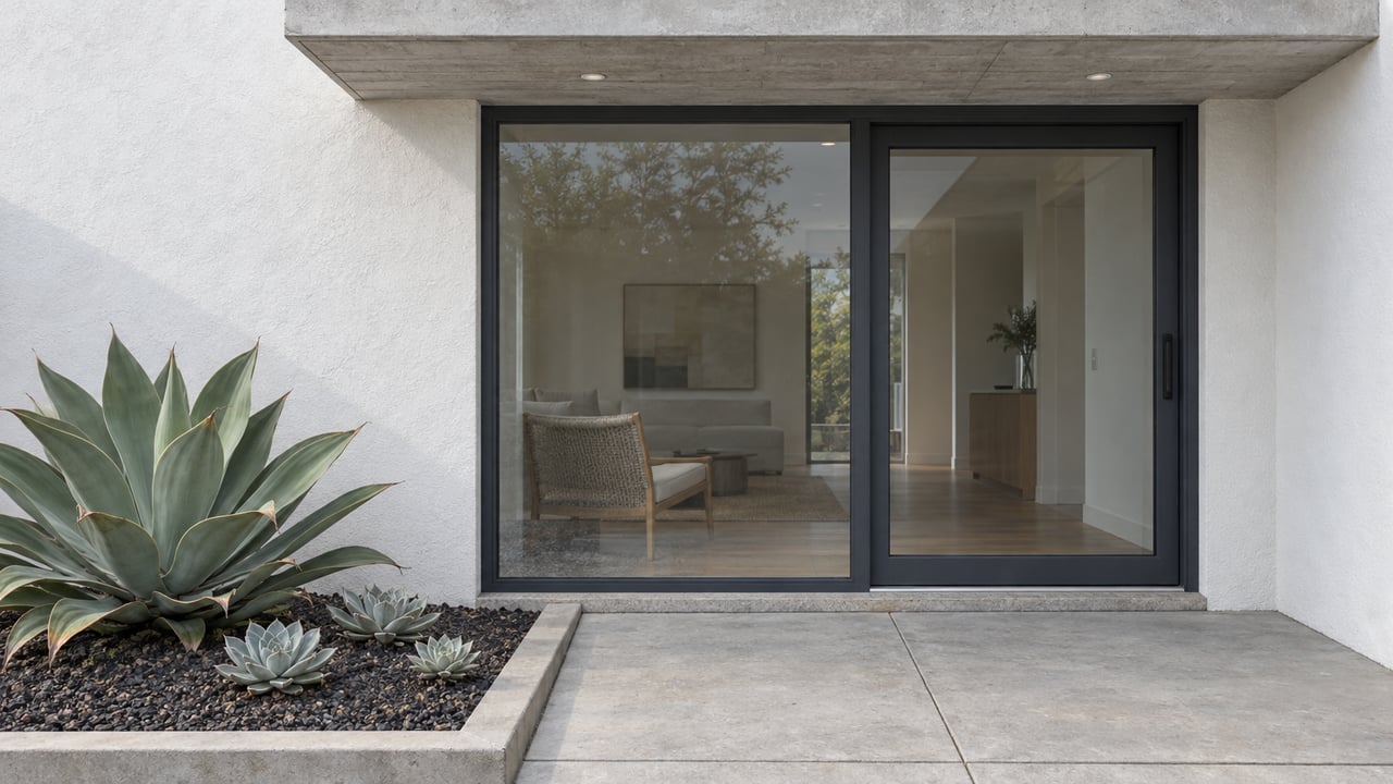 White stucco and charcoal-framed glass entry beside a concrete landing and a bed of sculptural agave and chalky succulents.