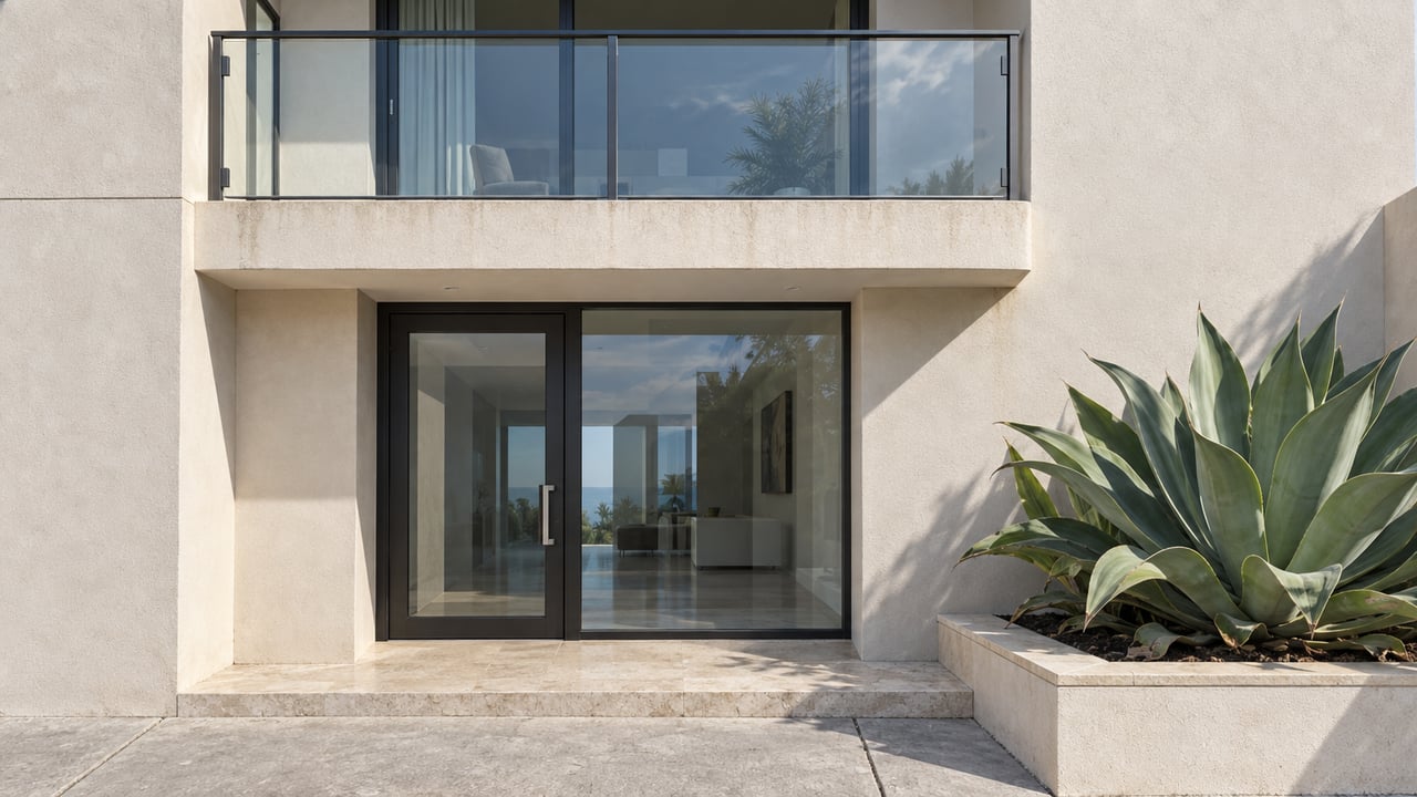 Narrow coastal home facade with a glass balcony, recessed entry, concrete walk, and agave planter.