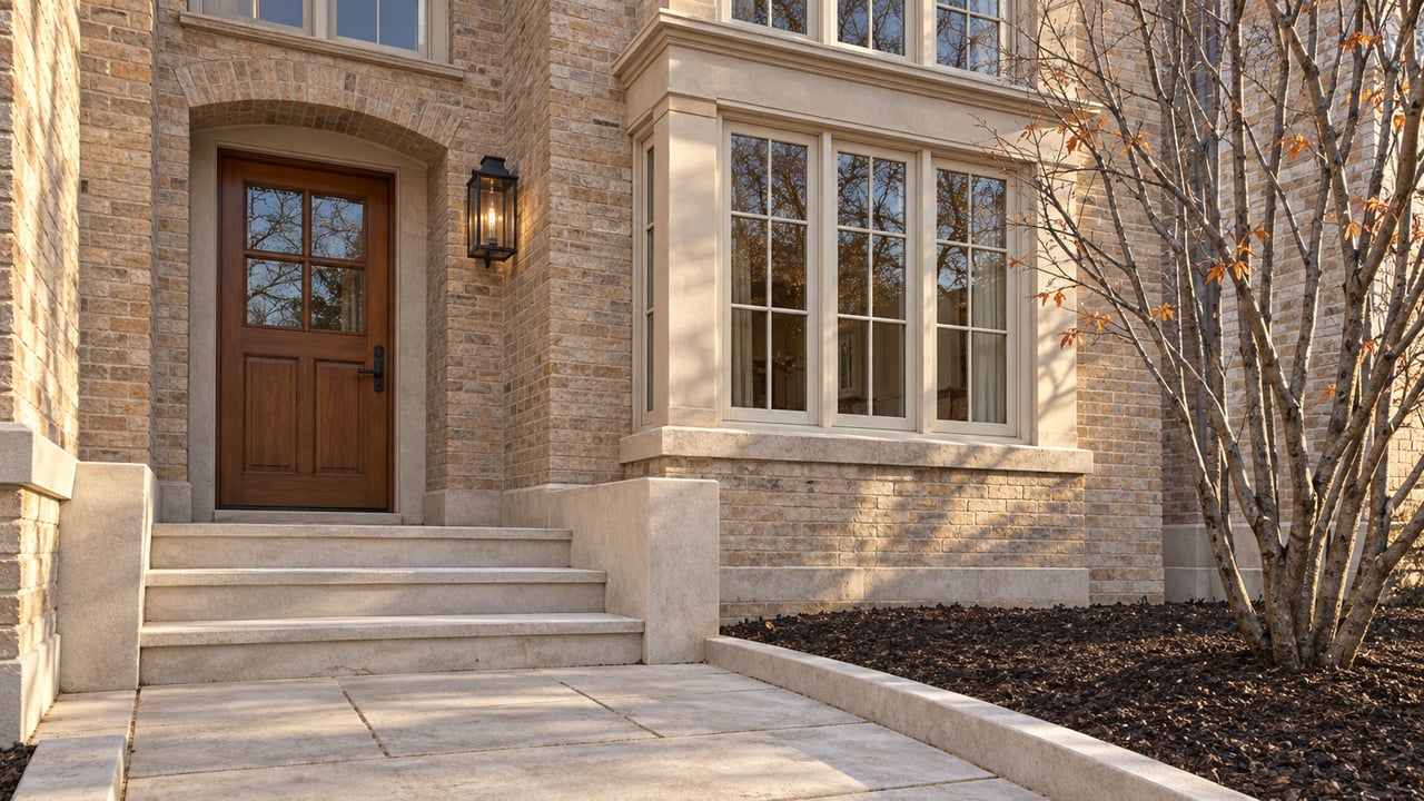 Buff-brick residence with cream grid-pane windows, a recessed oak entrance, limestone steps and a bare serviceberry in warm autumn light.