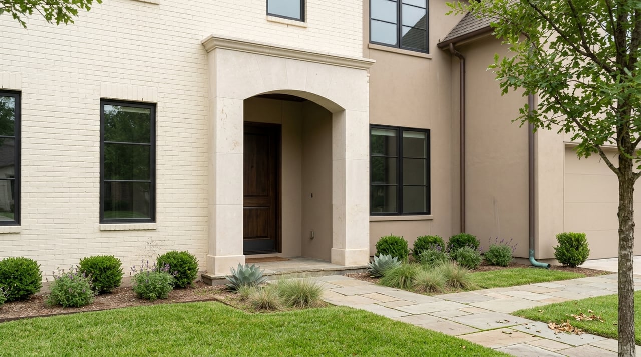 Cream-brick home with arched entry, taupe stucco garage, stone path, clipped lawn, and foundation plantings.