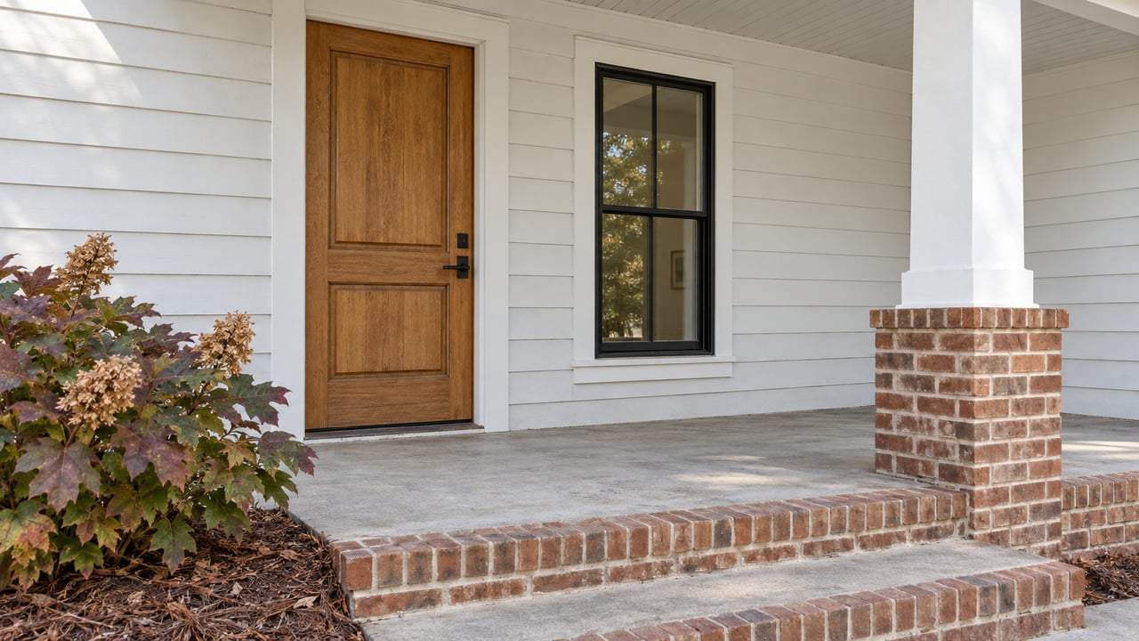 Covered front entry with a warm wood door, white lap siding, brick steps, and an autumn oakleaf hydrangea.