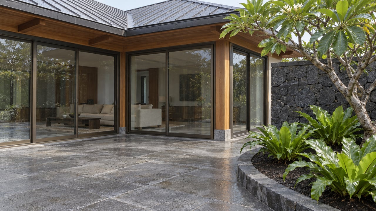 Timber-eaved residence with bronze-framed glazing, a rain-damp basalt terrace, and a sculptural flowering tree beside a volcanic-stone wall.