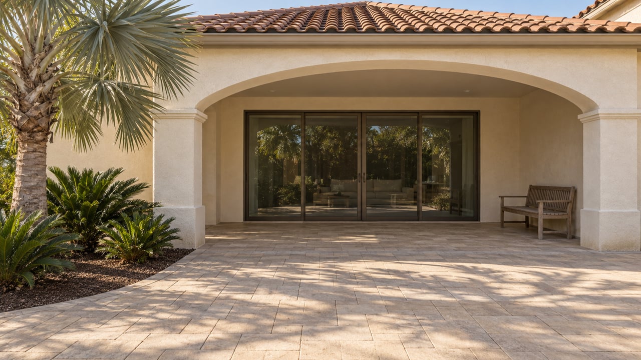 Warm stucco home with a broad arched lanai, closed bronze-framed glass doors, terracotta roof and sunlit paver terrace beside a silver palm.
