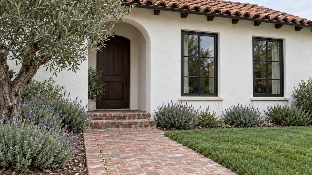 White stucco house with a red tile roof, arched wooden entry, brick steps, olive tree, lavender, and lawn.