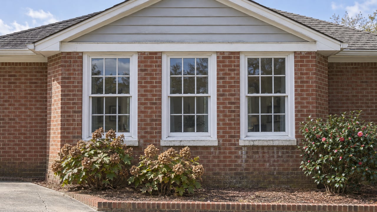 An older brick home's three white sash windows beneath a light-gray wood gable, with camellia and oakleaf hydrangeas beside a concrete approach.