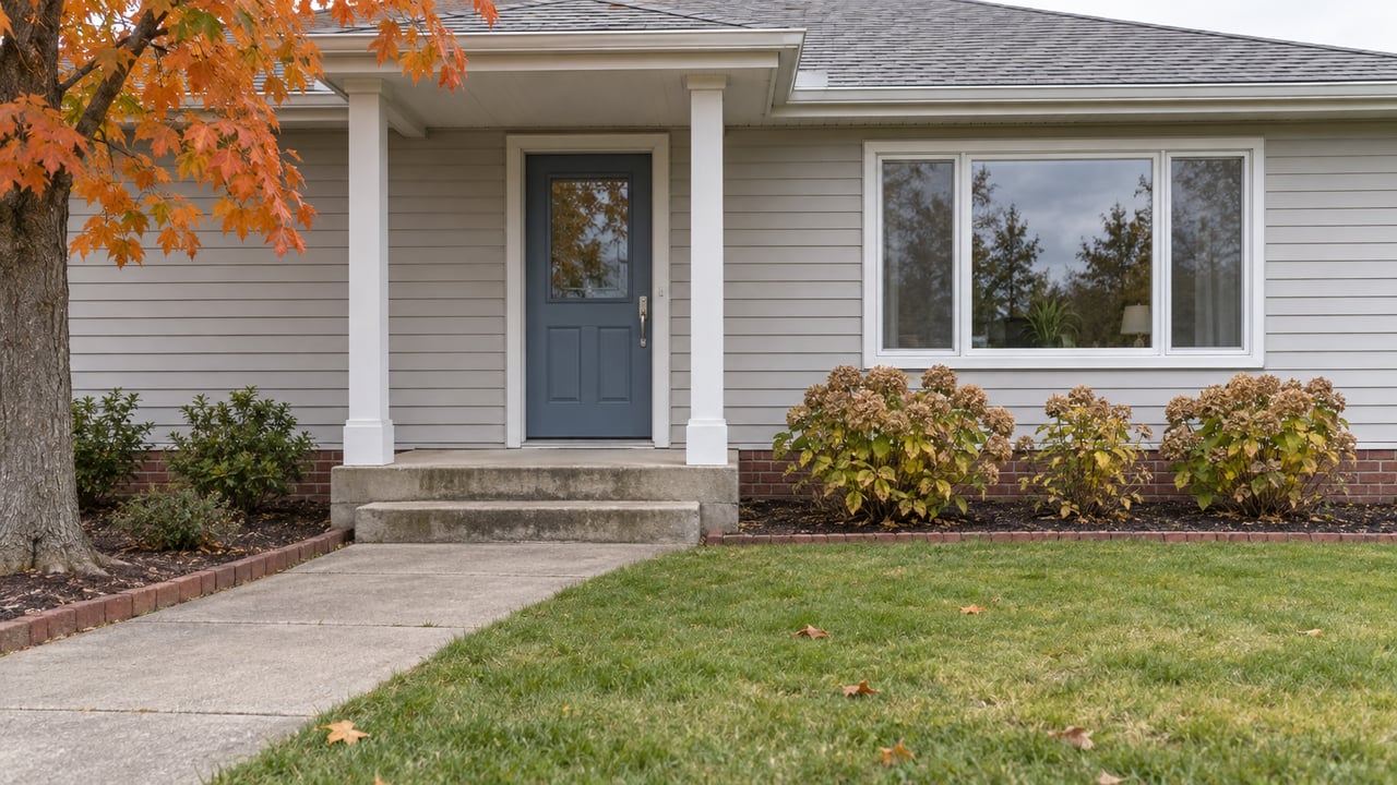 Autumn light on a modest home's covered entry, gray siding, brick foundation, and concrete walk beside drying hydrangeas.