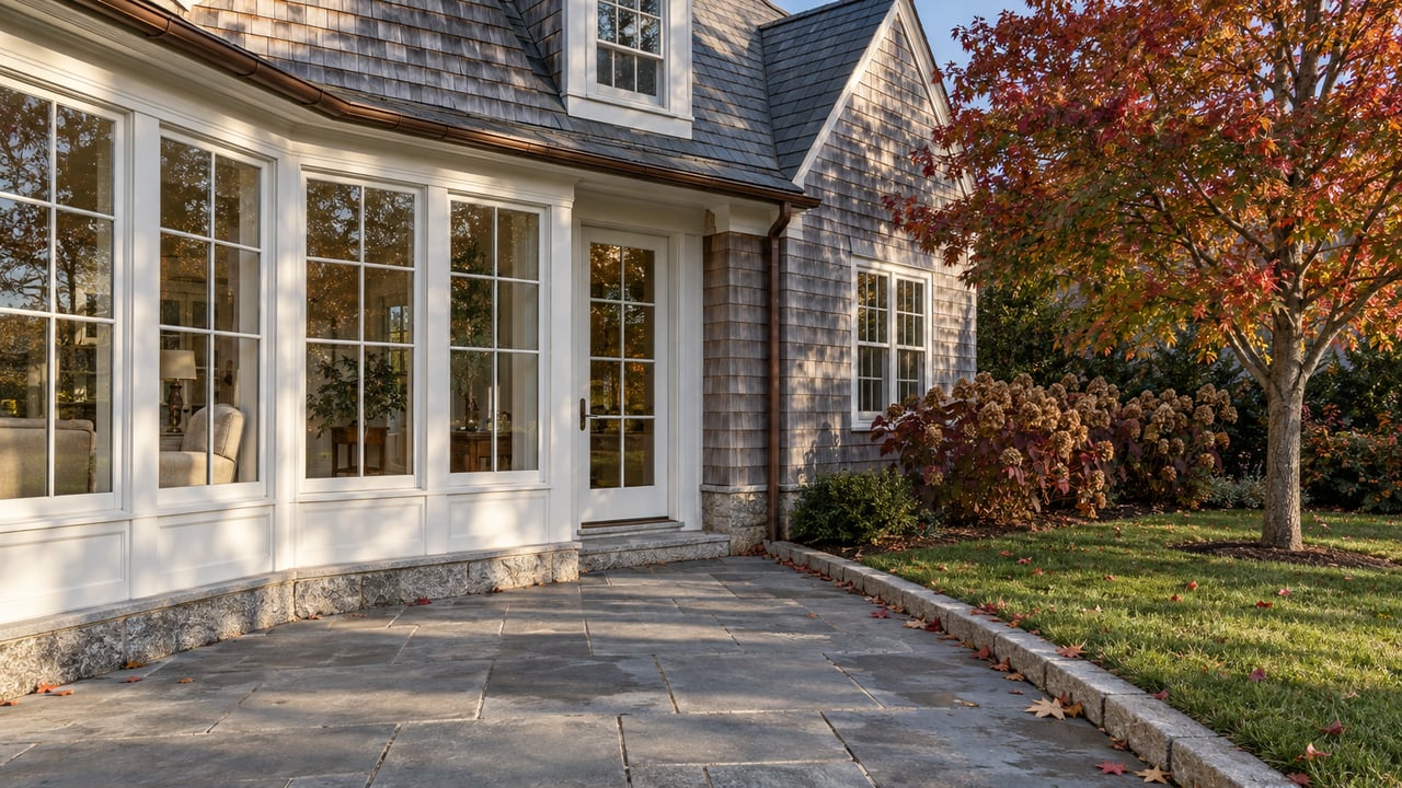 Weathered shingle home with an enclosed sunroom, bluestone terrace and red autumn maple beside a clipped lawn.