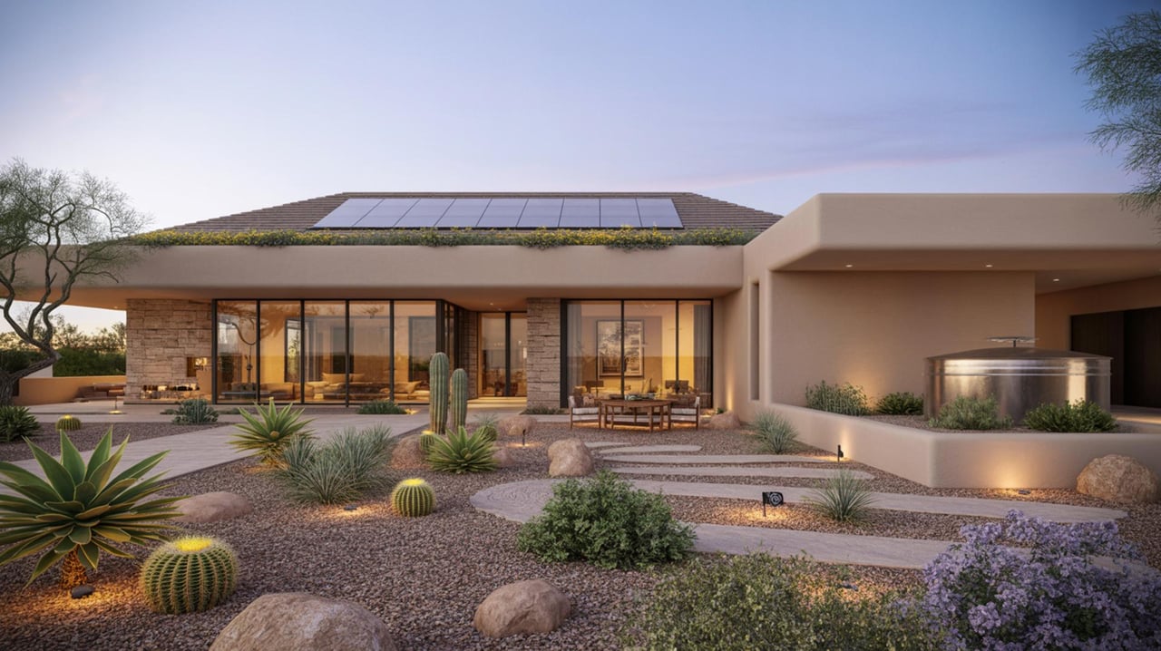 Single-story desert home with a glass-fronted patio, rooftop solar panels, and a gravel garden of cacti.