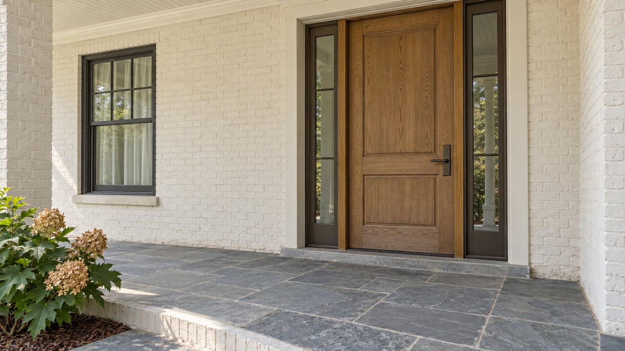 Close view of a closed oak front door with paired sidelights, warm-white painted brick, a slate porch and one oakleaf hydrangea.