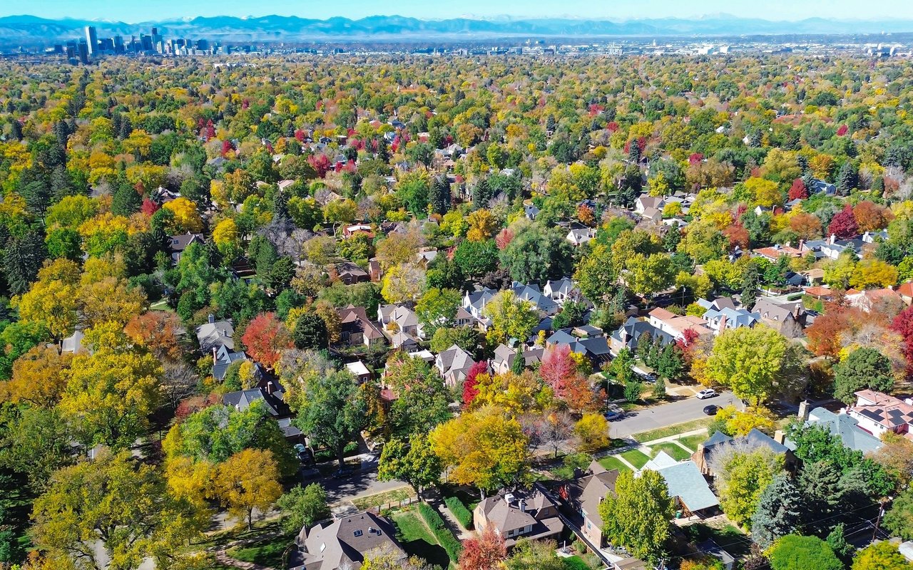 Autumn homes and colorful trees fill a Denver neighborhood, with downtown and the Rocky Mountains beyond.