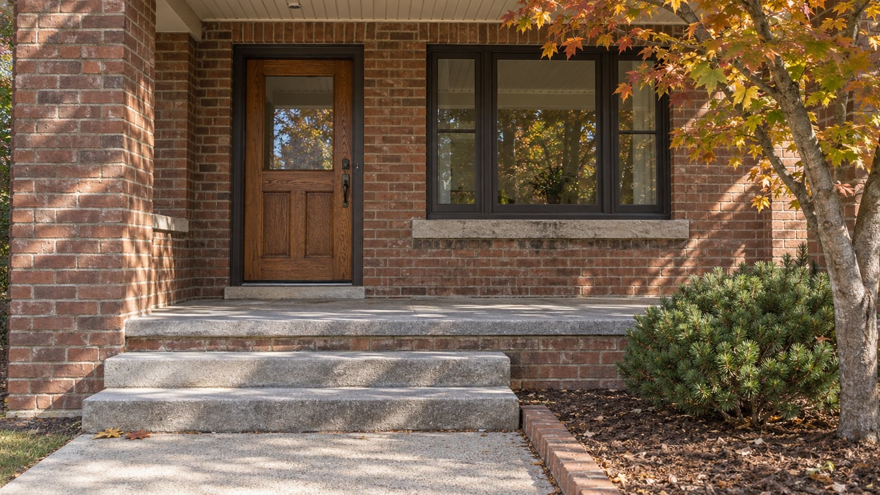 Restored brick bungalow entrance with an oak door, limestone steps and copper-yellow maple leaves in soft autumn light.