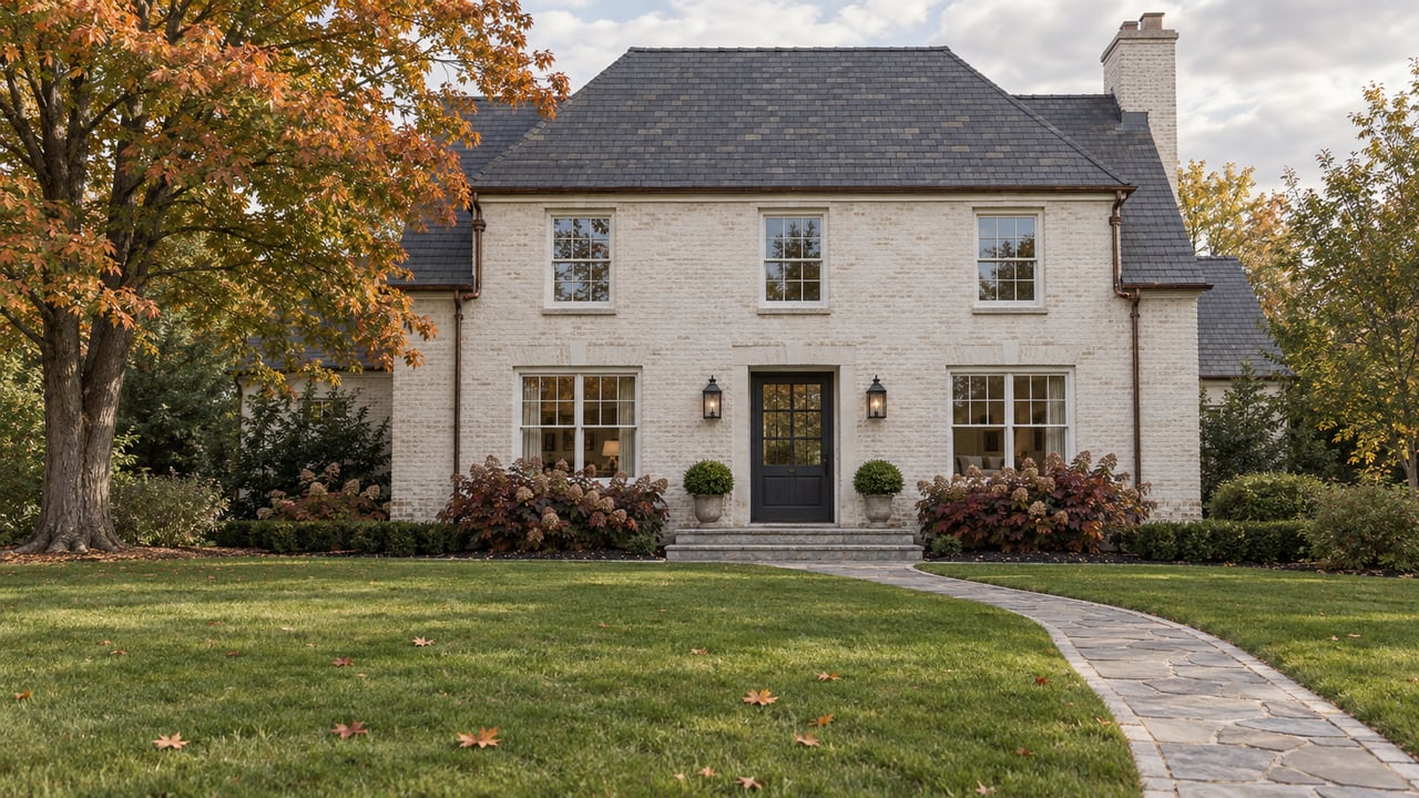 White painted-brick home with a slate roof, dark front door, broad autumn lawn, and a russet-leaved maple.
