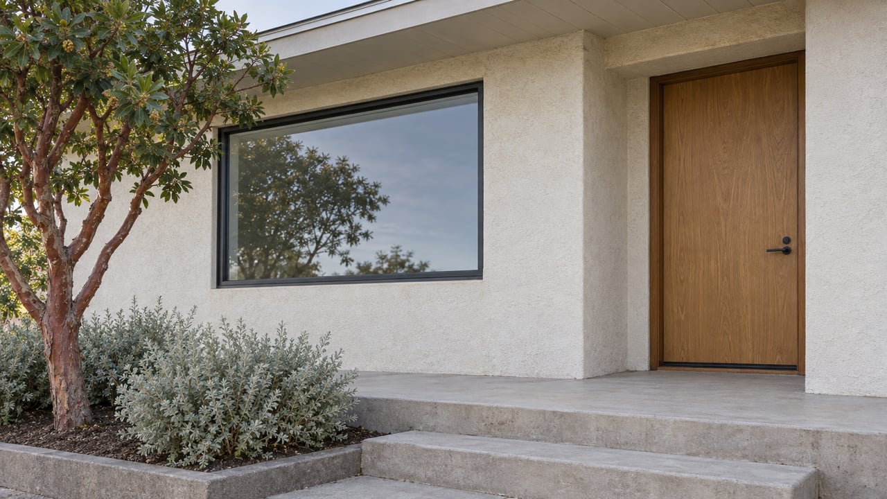 Aged stucco house corner with picture window, closed oak door, concrete steps, and small tree.