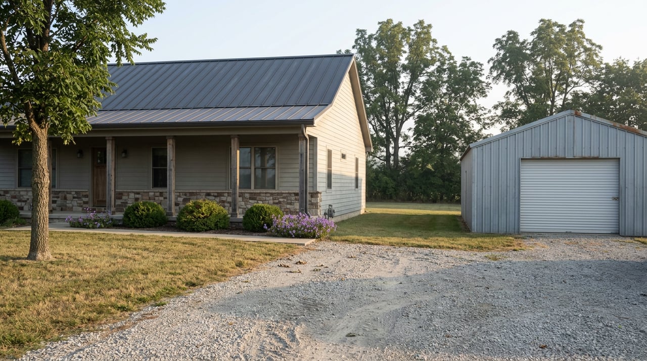 Stone-and-metal rural house beside a detached corrugated-metal outbuilding, with a gravel yard, buffalo grass, and hickory trees.