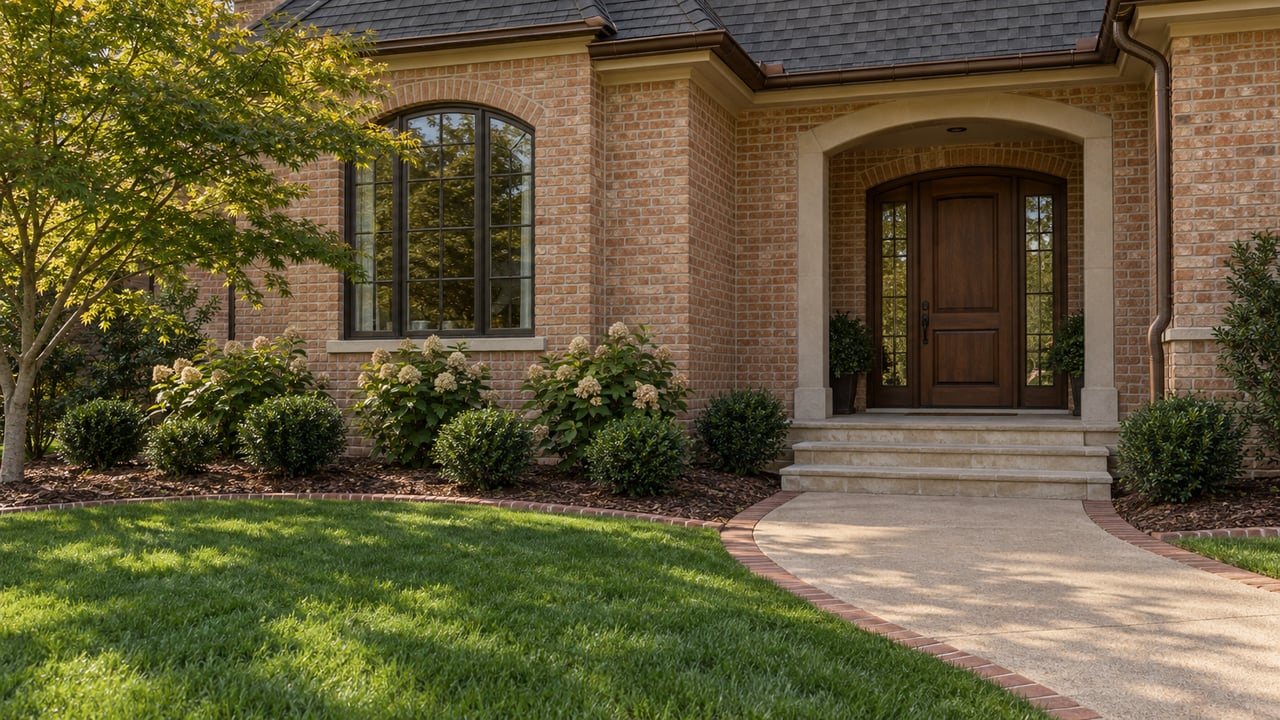 Brick home entrance with limestone steps, a walnut door, an arched window and layered plantings beside a curved front walk.