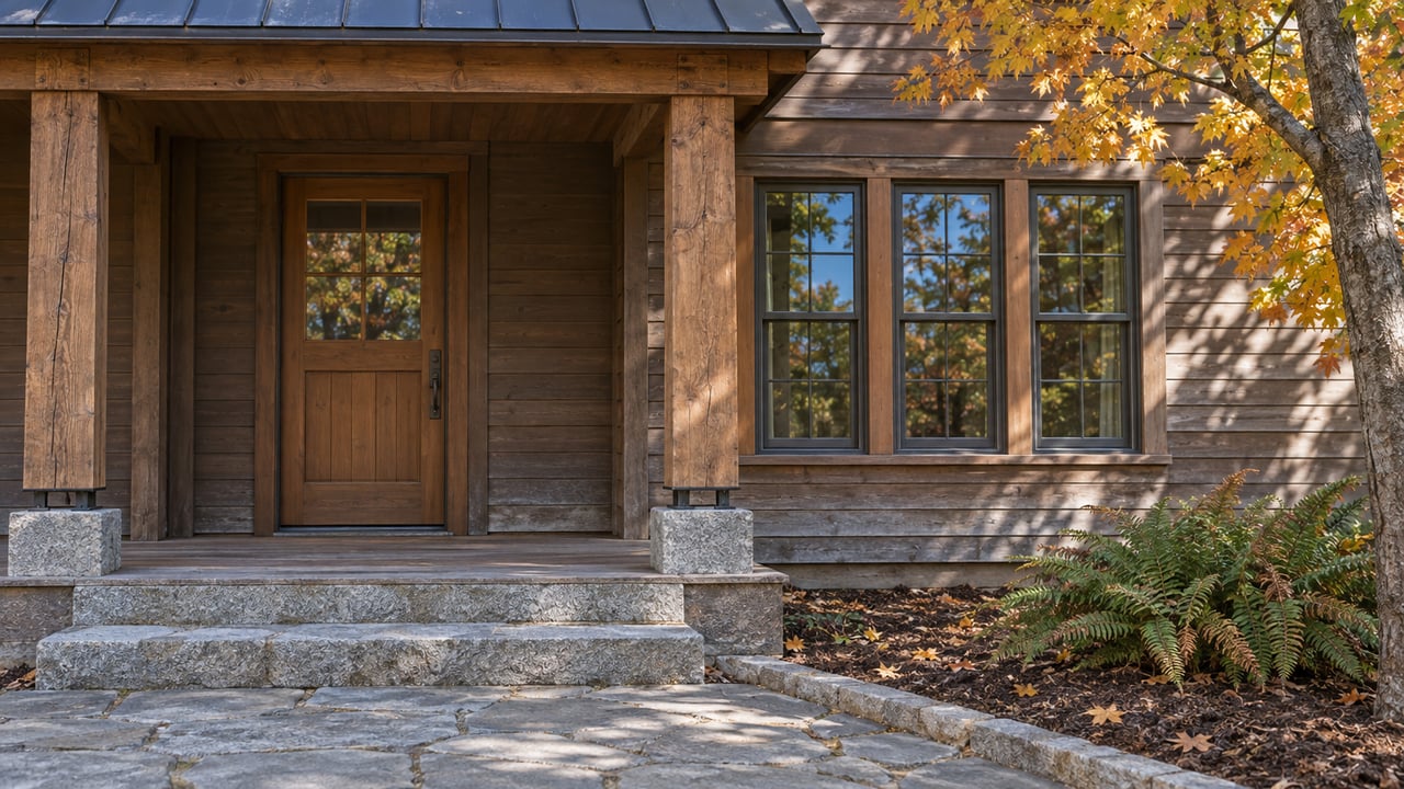 Weathered cedar home with timber porch posts, granite steps and amber sugar maple foliage in autumn sunlight.