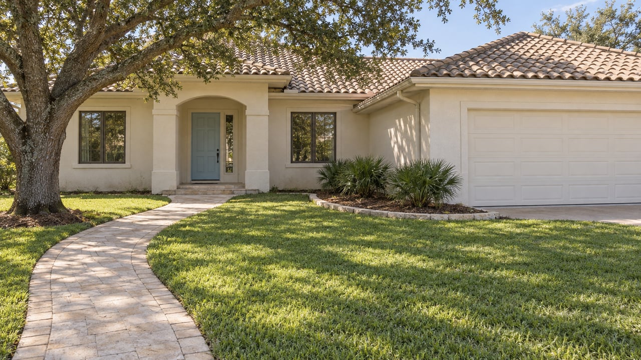 Ivory stucco home with a pale-blue entry door, buff tile roof and broad lawn beneath a mature live oak.