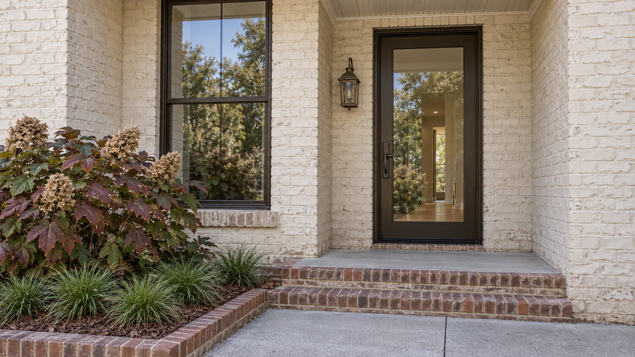 Painted-brick townhome entry with bronze-framed glazing, brick steps and autumn oakleaf hydrangea.