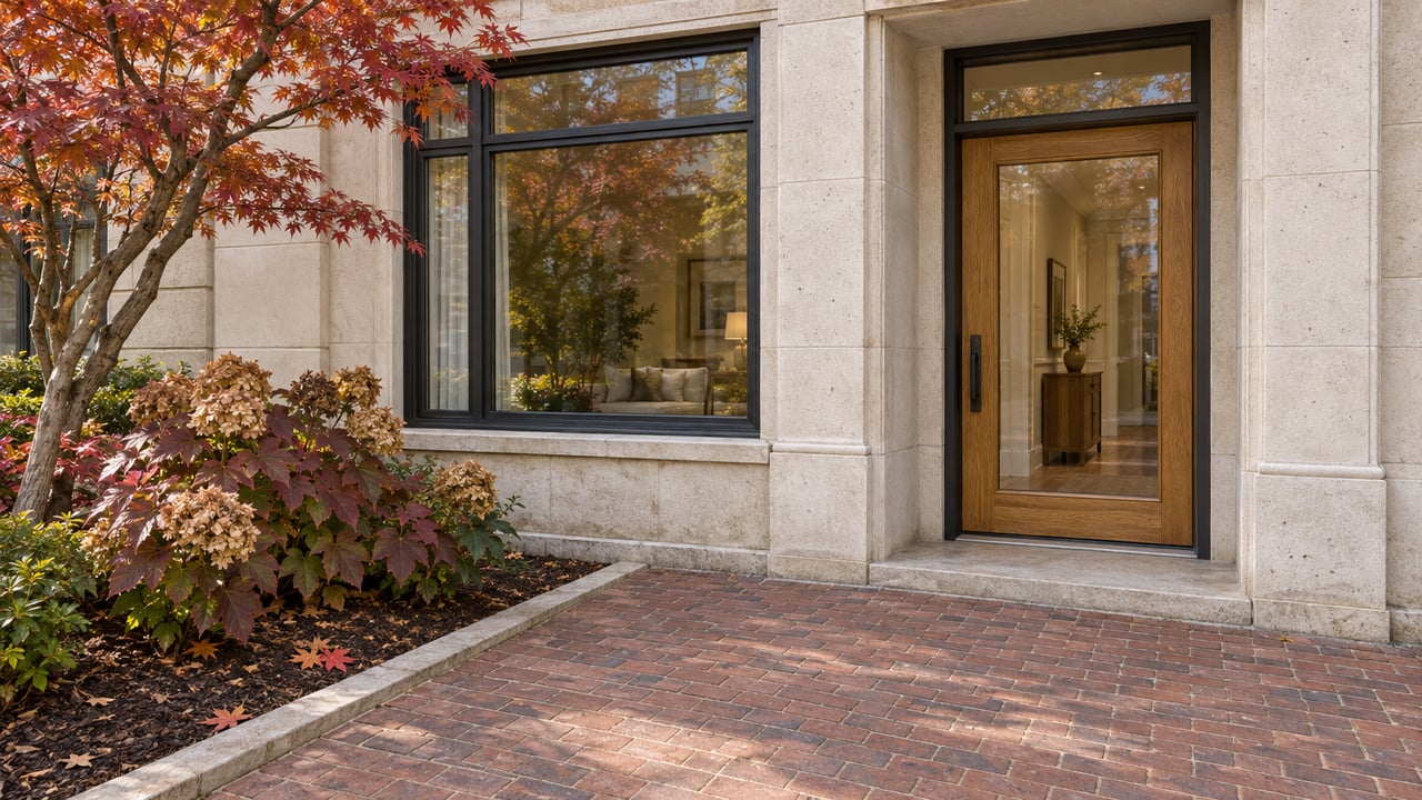 Recessed glazed condominium entrance with pale limestone walls, a brick approach and copper-red autumn planting.