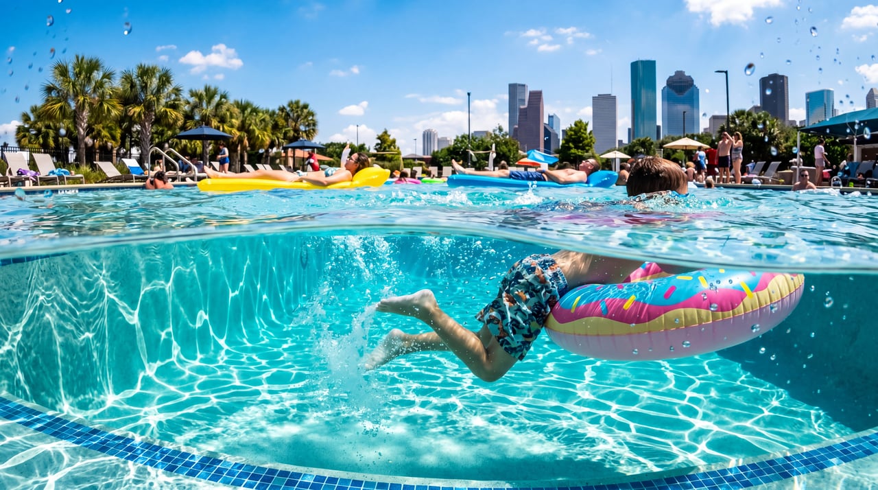 Swimmer on a pink donut float in a pool, shown half underwater, with people floating and the Houston skyline behind