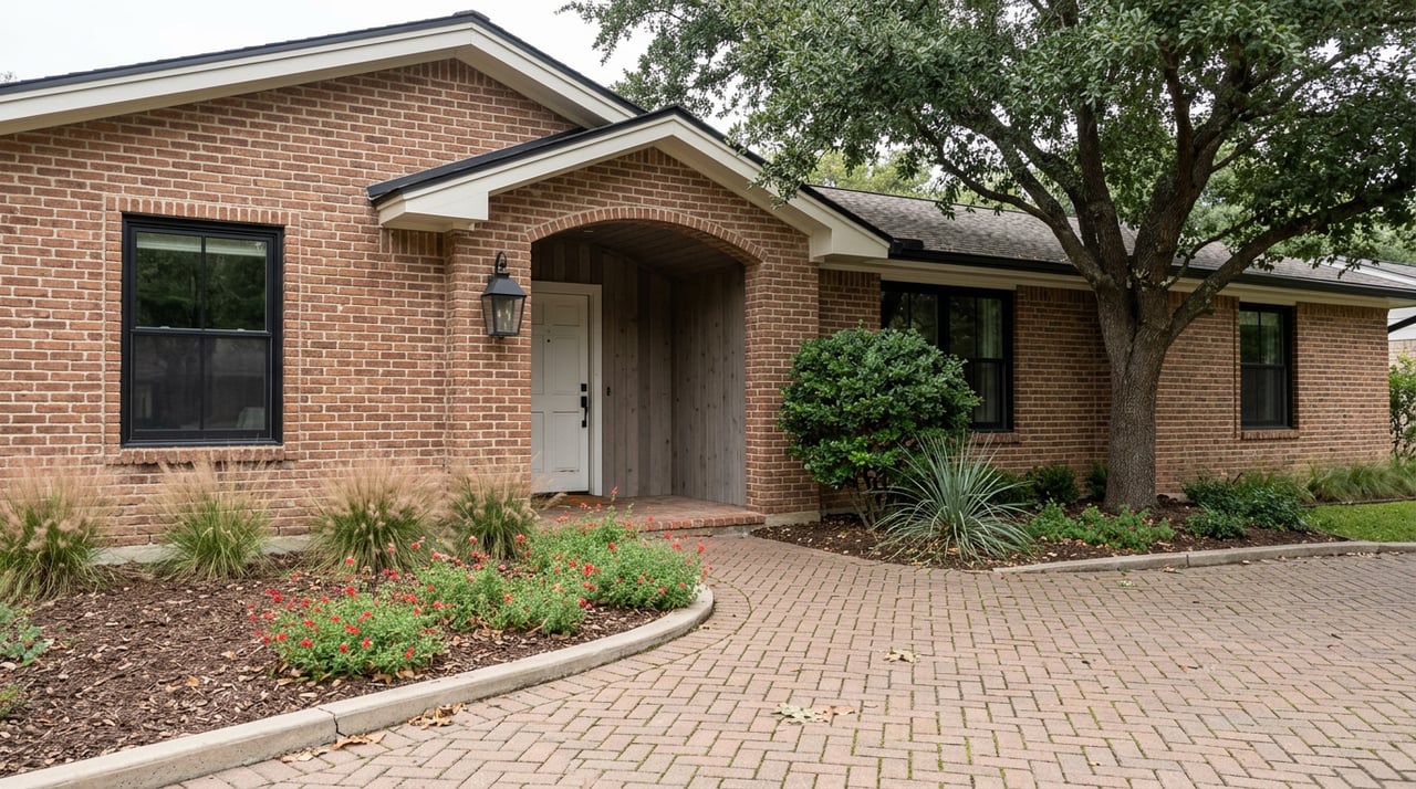 Brick home with an arched entry, curving paver walkway, flowering garden, and live oak canopy.