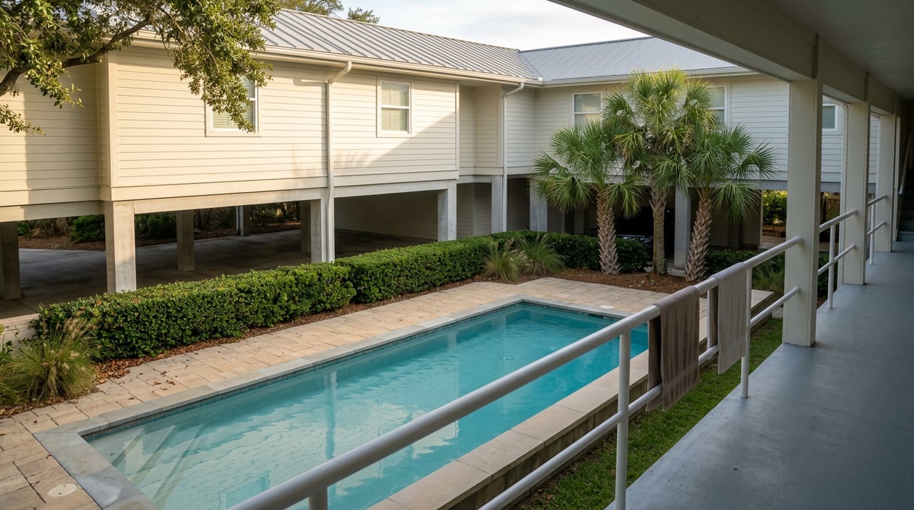 Condominium pool courtyard viewed from a breezeway, with turquoise water, palms, and a matching two-story wing.