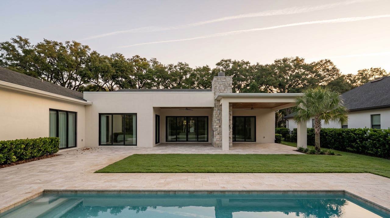 Stucco home with fieldstone chimney behind a turquoise pool, paver terrace, lawn, and mature oak canopy.