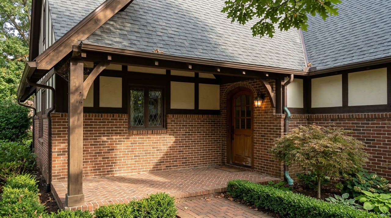 Tudor-revival cottage entry with a leaded window, arched wood door, brick floor, and oak leaves casting dappled shadows.