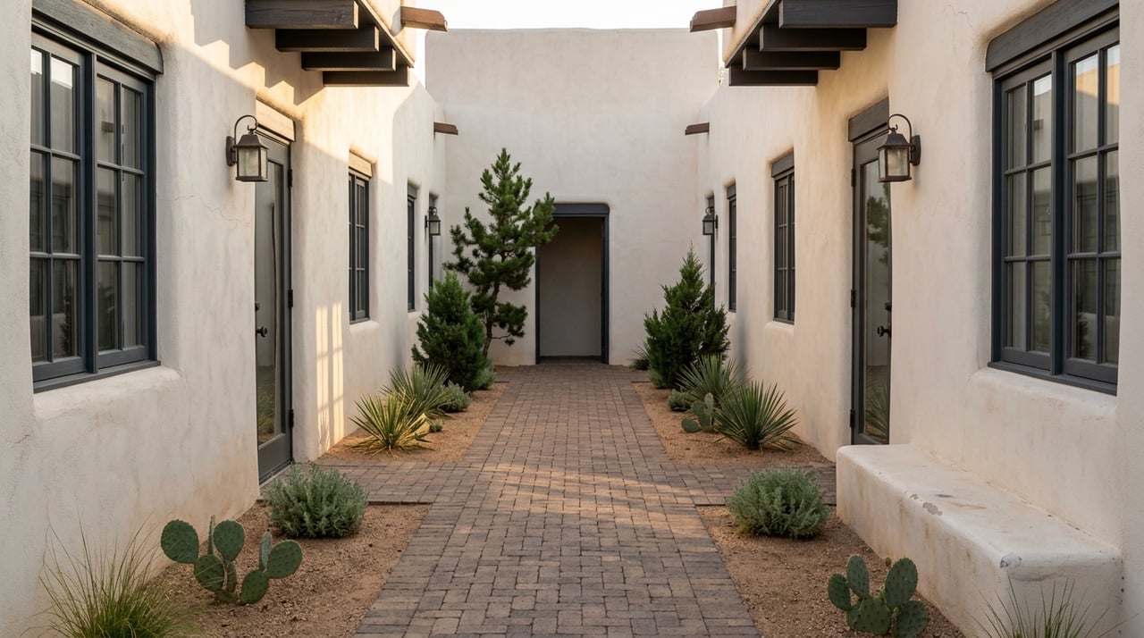 Symmetrical pedestrian paseo between attached adobe homes, with paved hardscape and high-desert plantings.
