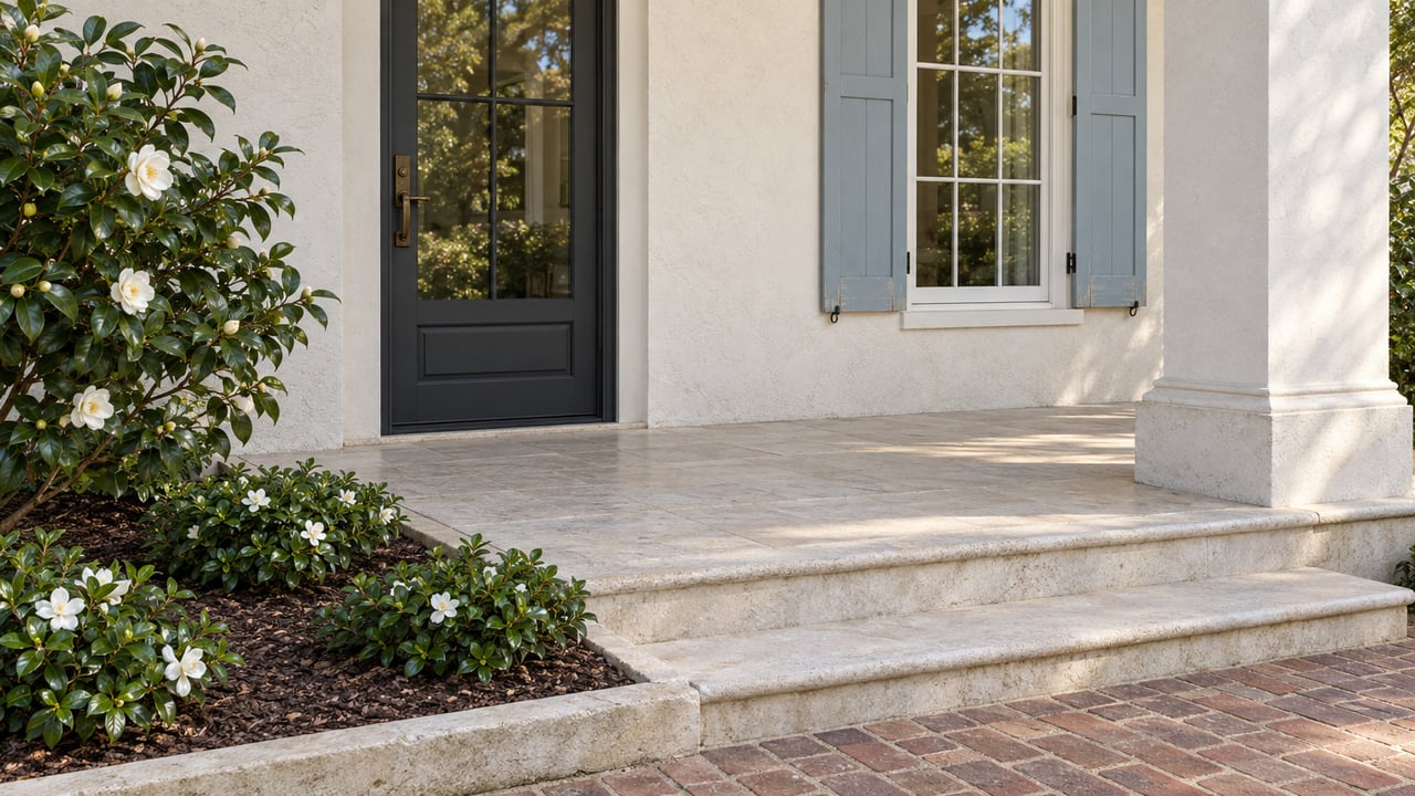 Warm-white stucco entry with pale blue shutters, limestone porch steps and a russet brick walk beside camellia and gardenias.