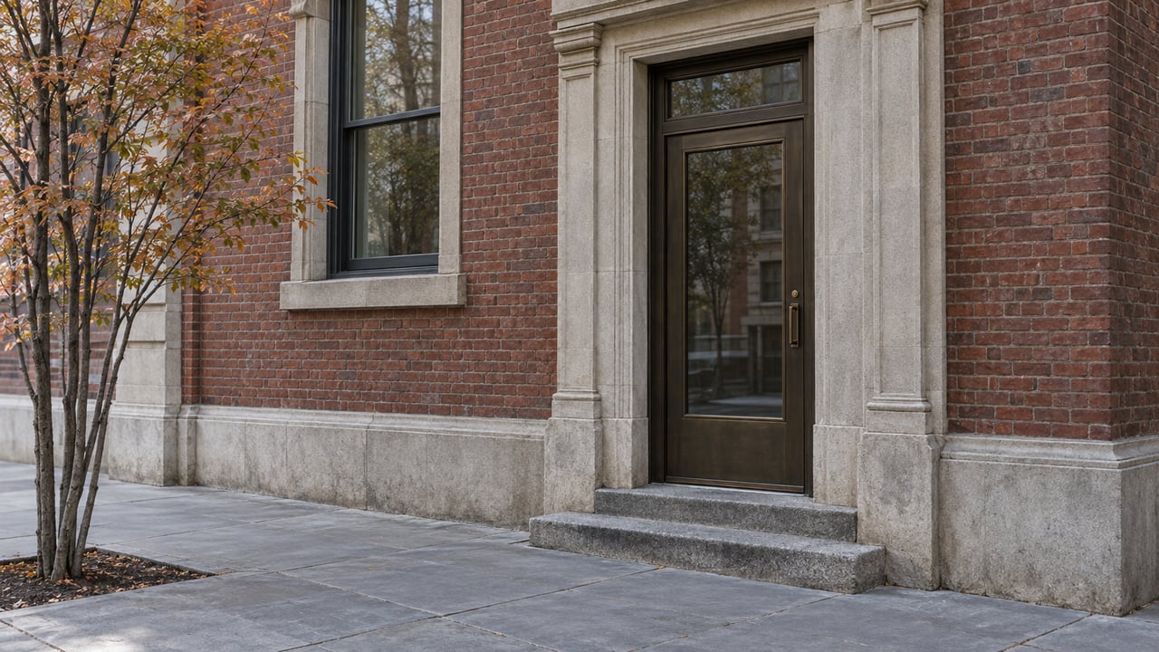 Apartment entrance with a closed bronze door, worn granite steps, red brick, and a sidewalk tree.
