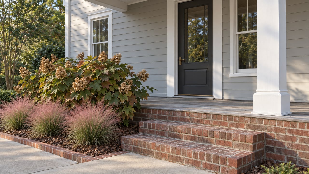 Pale-gray home with a white-columned porch, weathered timber decking, brick steps, oakleaf hydrangea and pink muhly grass in autumn light.