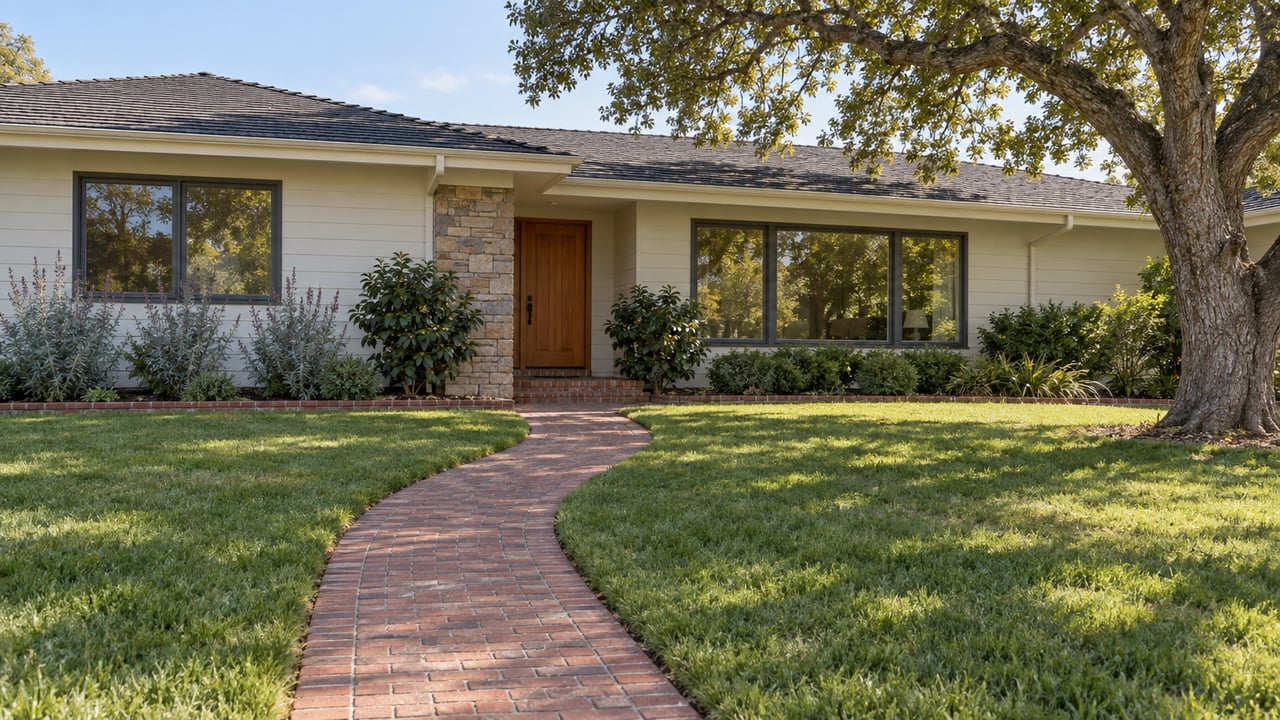 A cream single-story home with broad eaves, picture windows and a sheltered oak entry beyond a deep lawn and curved brick walk.
