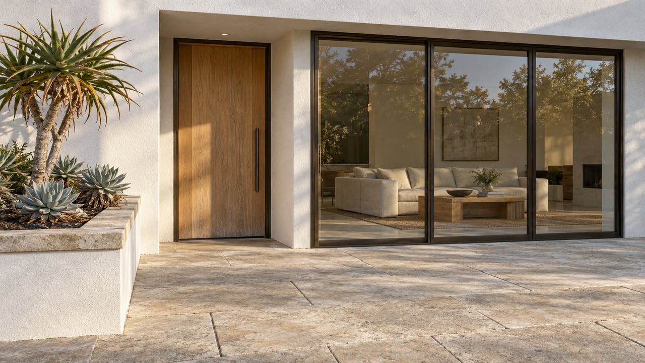 Contemporary home's limestone entry terrace, white stucco overhang and bronze-framed glass beside a sculptural aloe tree.