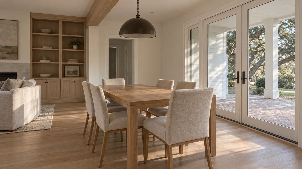 Oak dining table with six upholstered chairs beside glazed doors opening onto a brick patio.