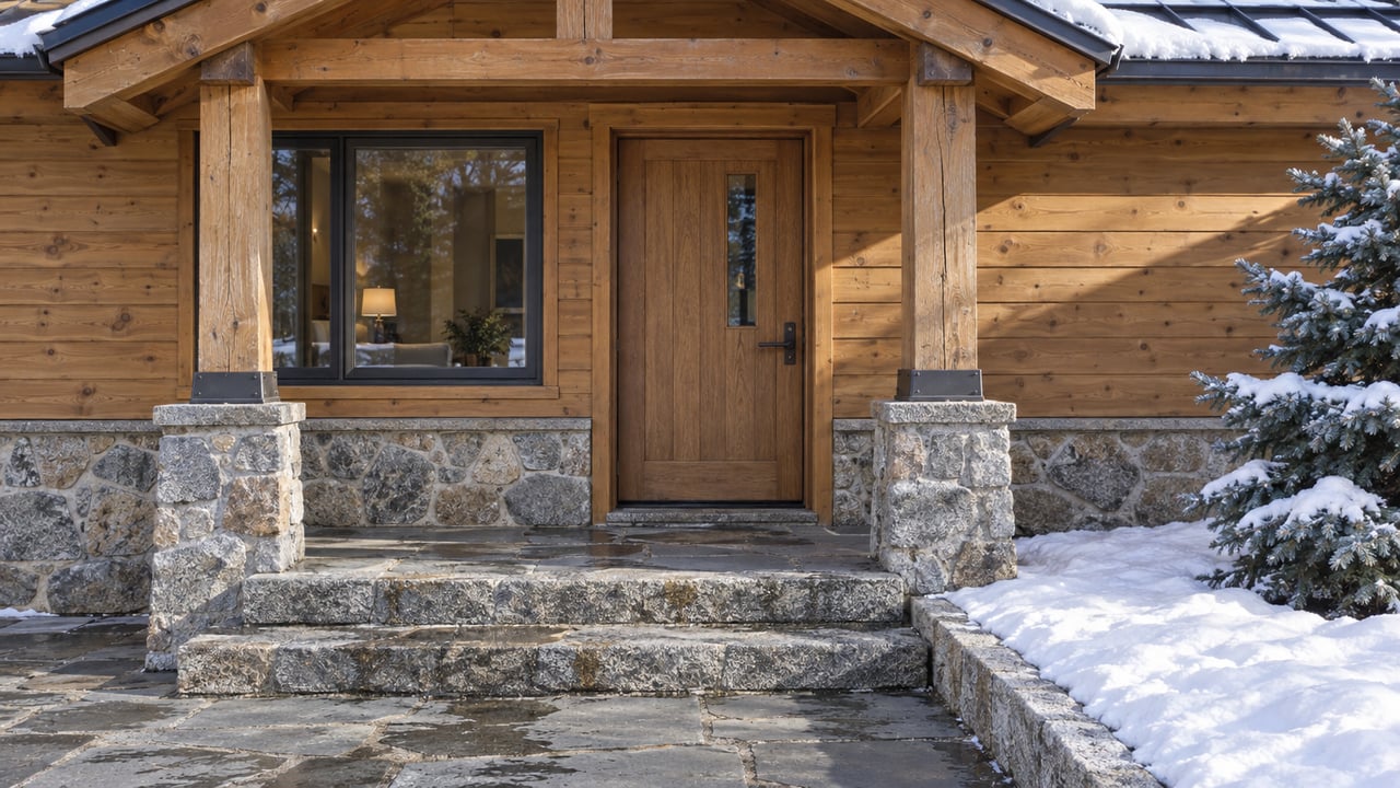 Winter sunlight on a timber cottage entry with granite steps, a cleared stone path and snow beneath blue spruce branches.