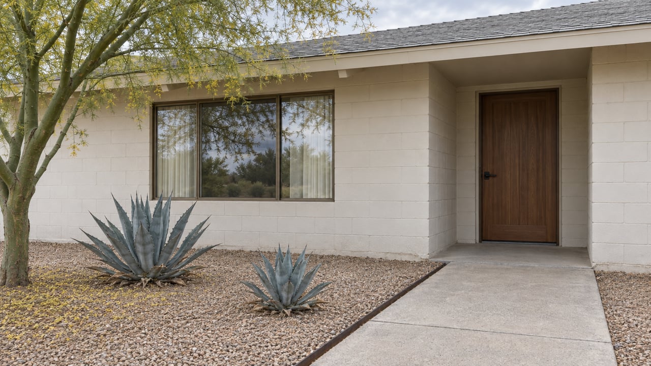 Painted-block ranch entry with a broad shaded window, concrete approach, blue-gray agaves and a green-trunked shade tree.
