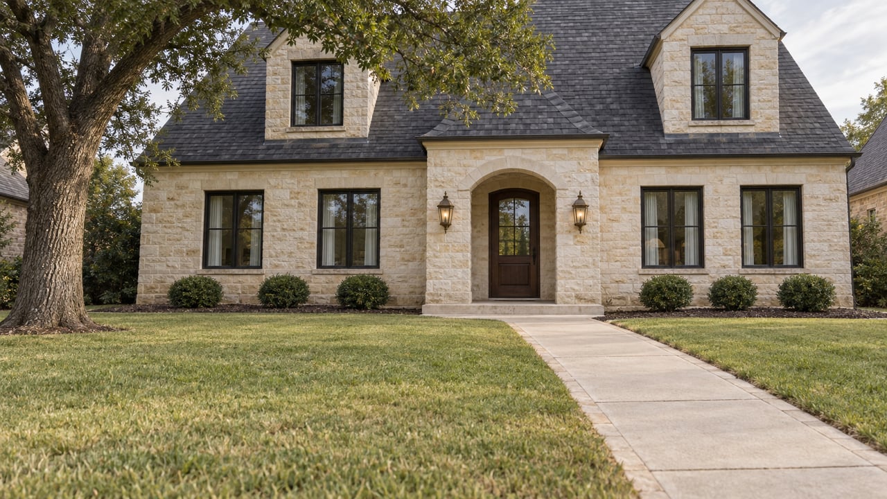 A limestone home with steep rooflines, dark-framed windows and an arched entrance beyond a broad lawn and pale concrete walk.