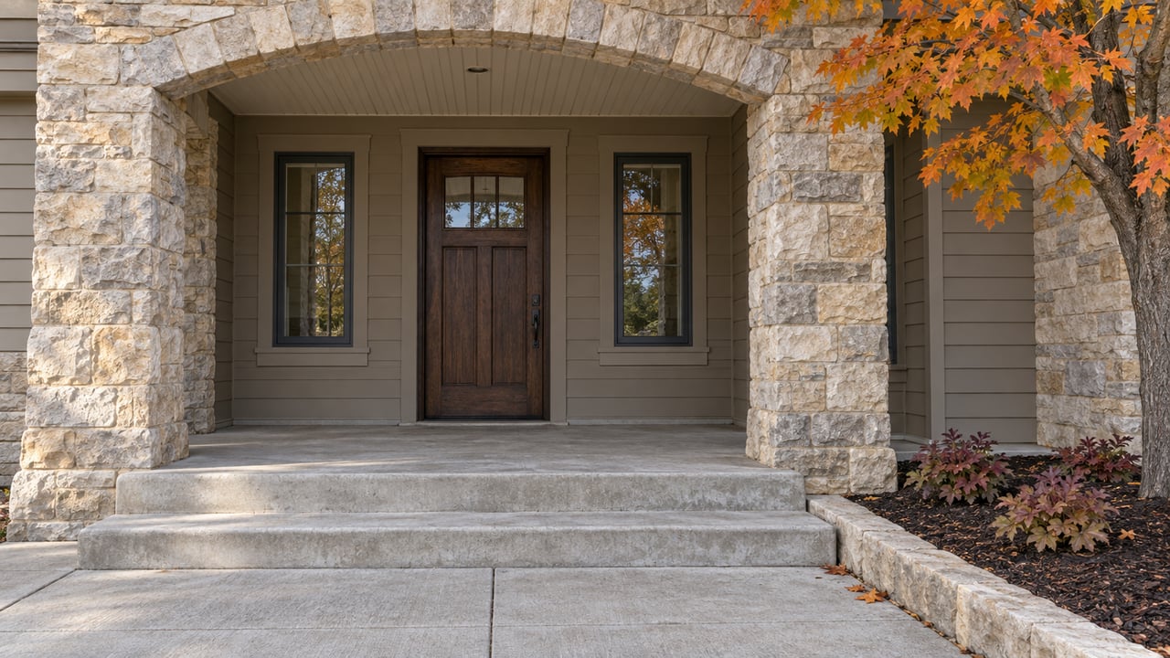 Stone-arched home entry with a closed oak door, concrete steps, and amber maple leaves.