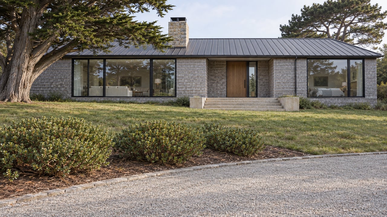 Silver-shingled home with broad glazed windows, a limestone entry, and a deep garden framed by sculptural trees.