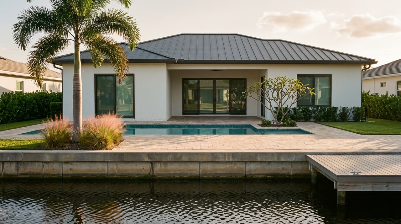 Concrete seawall and dock beside a canal, with a pool terrace, palm, and single-story home beyond.