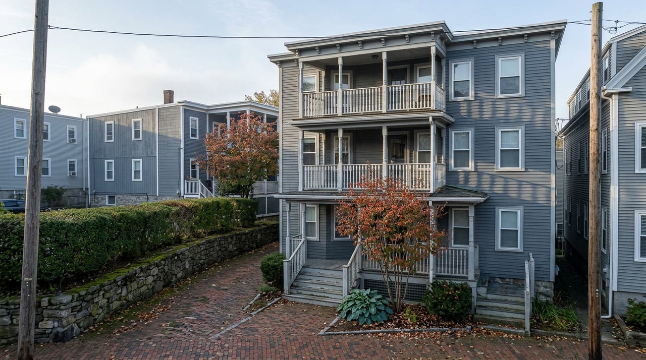 Slate-gray triple-decker with three stacked porches, beside a close-set clapboard house and brick front walk.