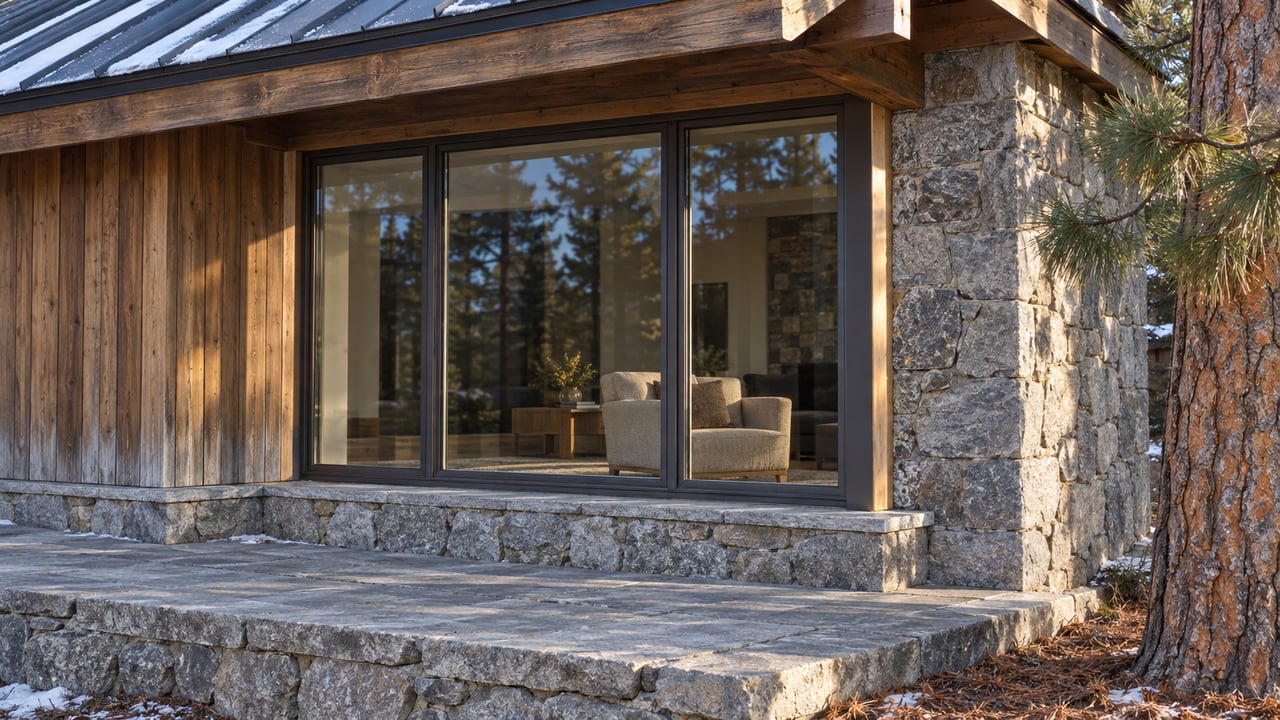 Early winter sunlight grazes a cedar-and-granite home's enclosed window bay beneath a lightly snow-dusted metal roof.