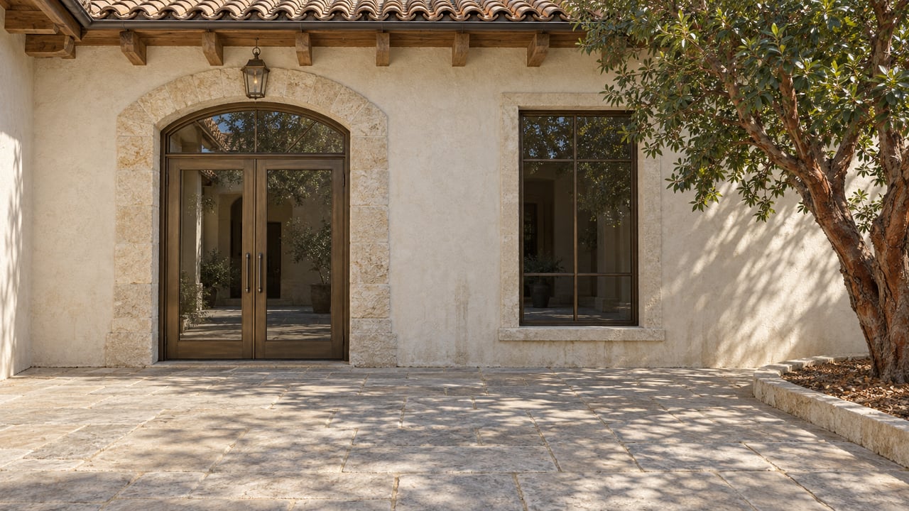 Sunlit limestone courtyard facing a cream stucco home with bronze-framed glass doors, timber eaves and a mature strawberry tree.