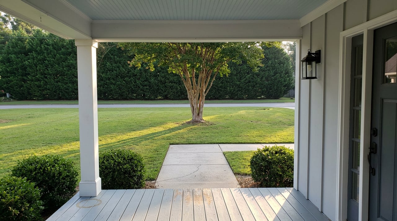White porch column and worn wooden threshold frame a deep lawn, concrete walk, and crape myrtle in morning light.