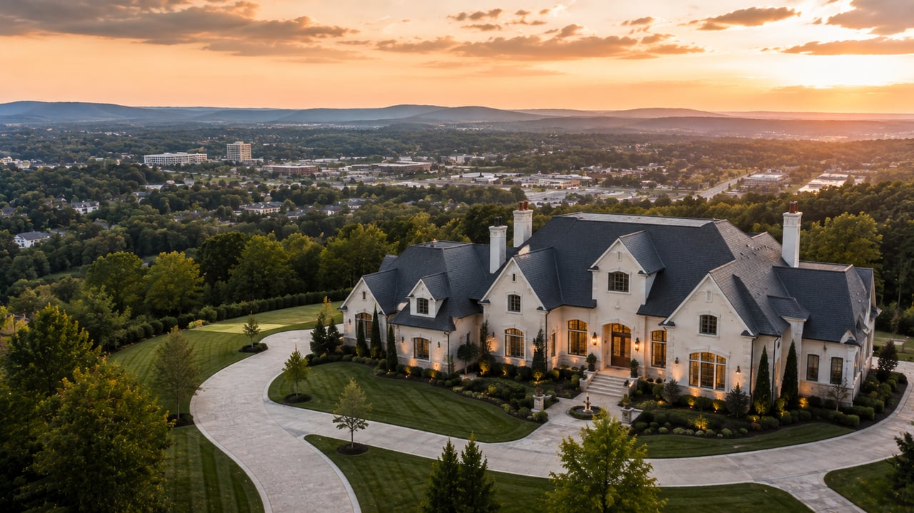 Luxury estate in Brentwood, Tennessee, surrounded by manicured landscaping, mature trees, rolling hills, and upscale neighborhoods at sunset, showcasing the area’s luxury real estate market and lifestyle.