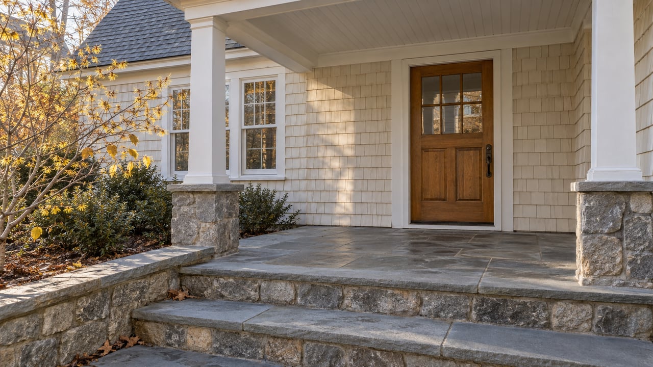 Late-autumn sunlight grazes a cream-shingled entrance with an oak door, bluestone steps and a flowering witch-hazel.